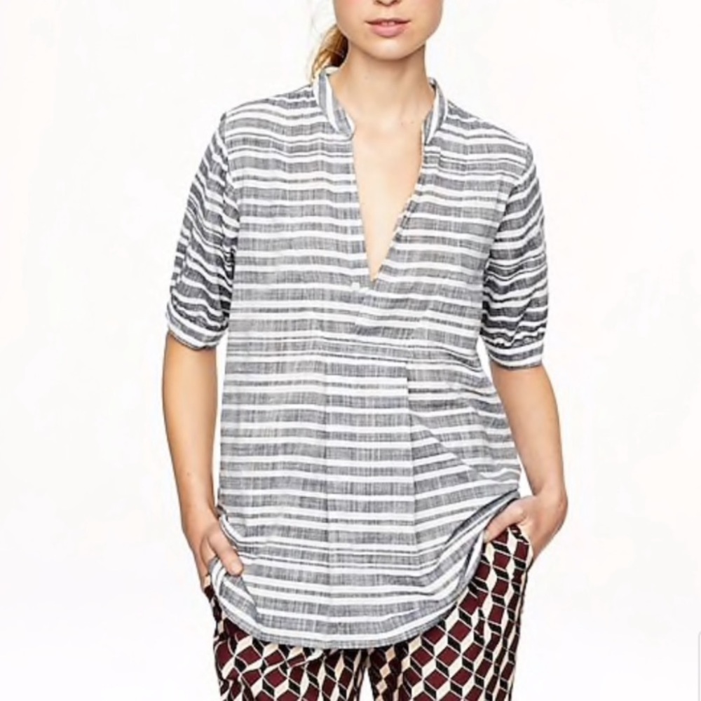 JCrew Short Sleeve Striped Gauze Pleated Blouse